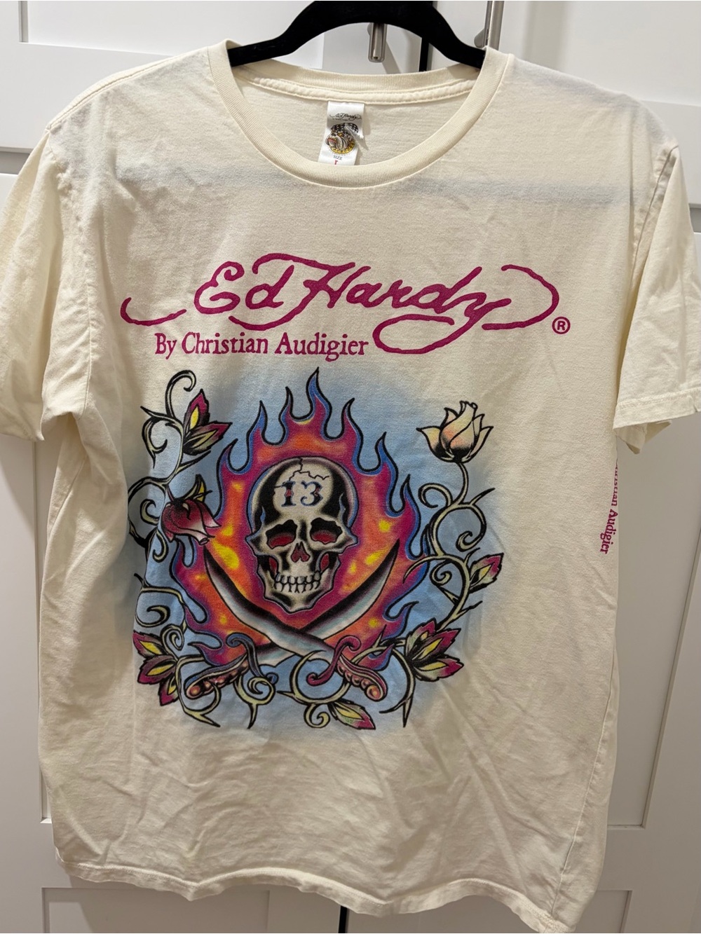 Ed Hardy Cream Short-Sleeve Tee with Multicolor Skull and Flame Graphic